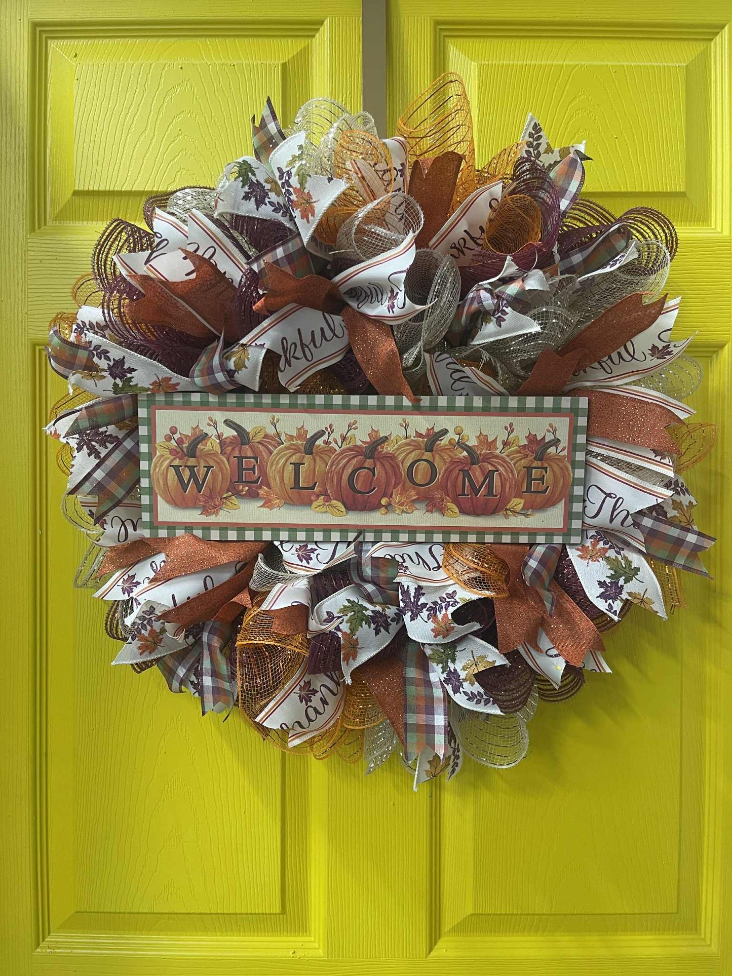 Welcome Fall Pumpkin Wreath – Handmade Autumn Front Door Décor, Rustic Farmhouse Harvest Wreath with Seasonal Ribbons