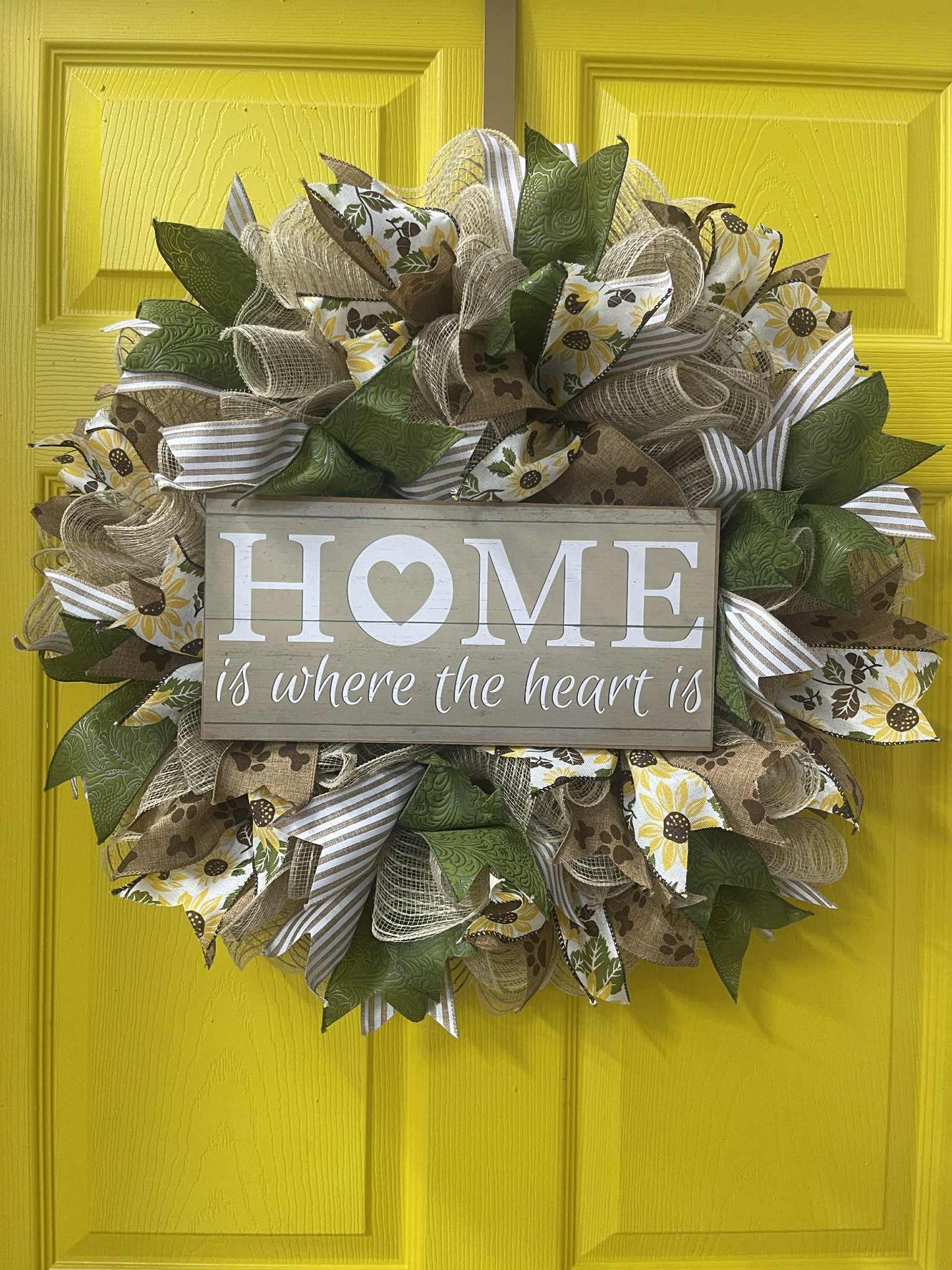 Home is Where the Heart Is Wreath – Handmade Farmhouse Front Door Décor, Rustic Sunflower Wreath with Paw Print Ribbon for Pet Lovers