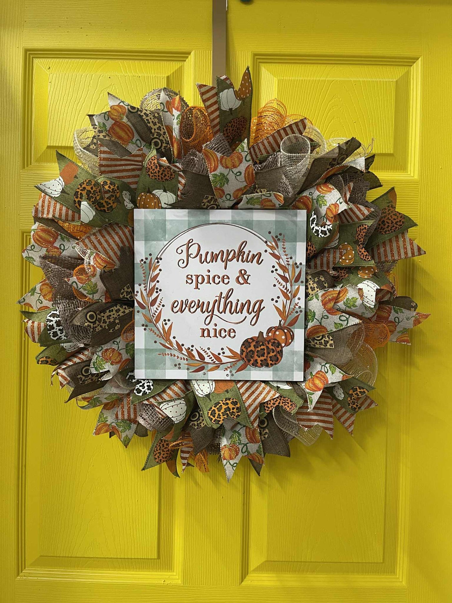 Pumpkin Spice & Everything Nice Wreath – Handmade Fall Front Door Décor, Rustic Farmhouse Pumpkin Wreath with Autumn Ribbons