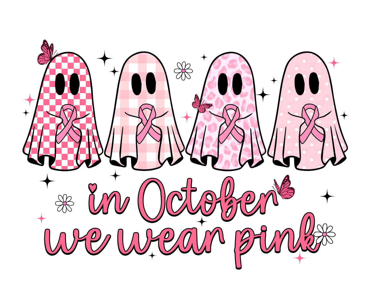 Pink Ghosts Breast Cancer Awareness Shirt – In October We Wear Pink Ghost Tee, Halloween Support Ribbon Shirt