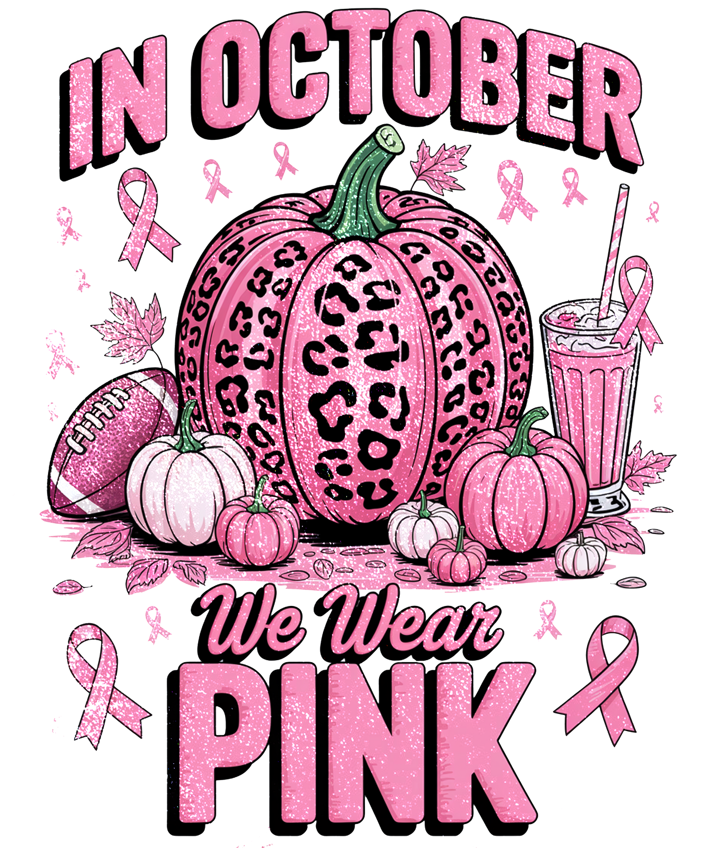 In October We Wear Pink Pumpkin Shirt – Breast Cancer Awareness Leopard Pumpkin Tee, Fall Halloween Pink Ribbon Top