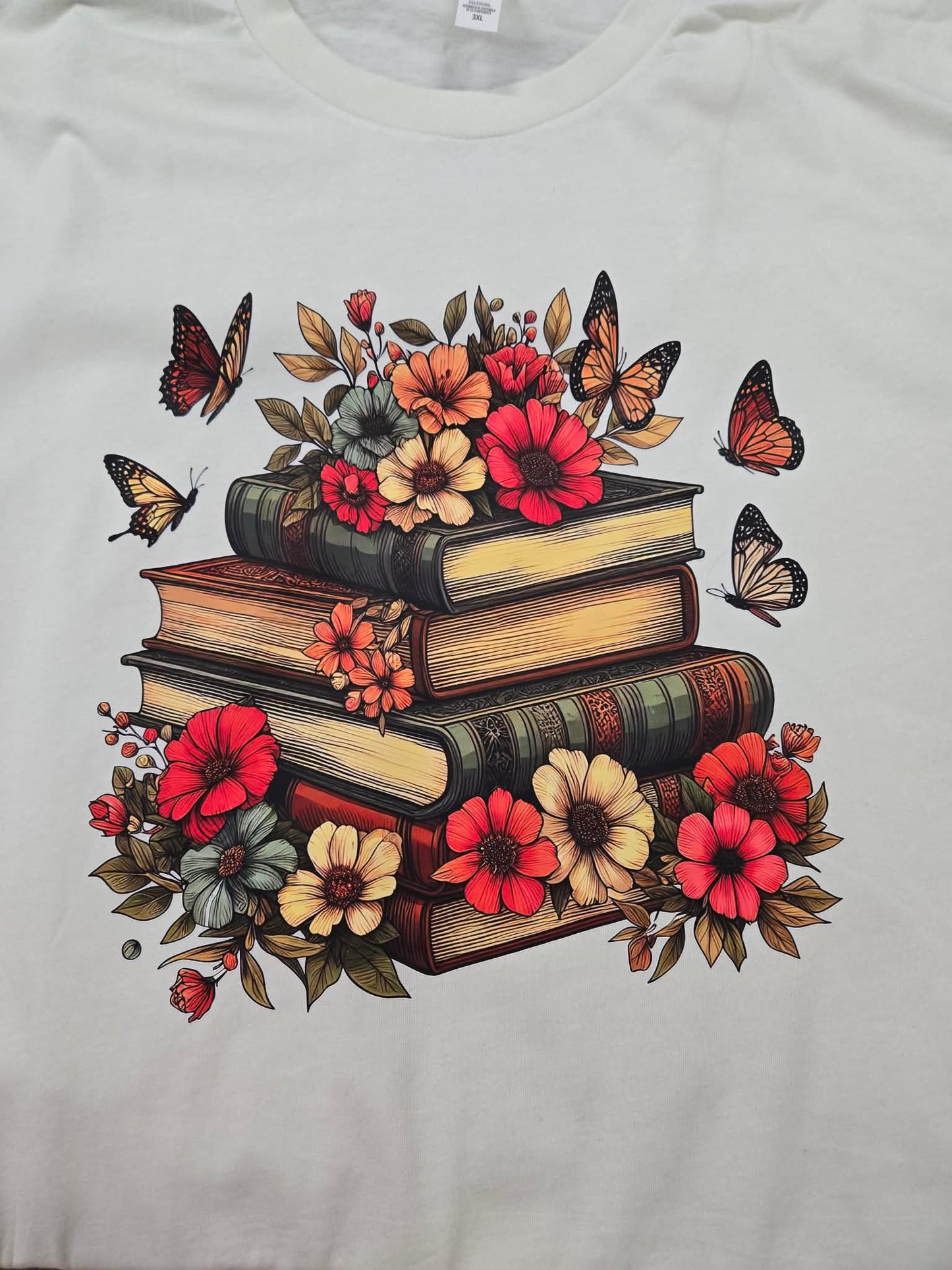 Vintage Floral Book Stack Shirt β Book Lover Graphic, Butterfly & Wildflower Design, Reader Gift, Librarian & Teacher Tee