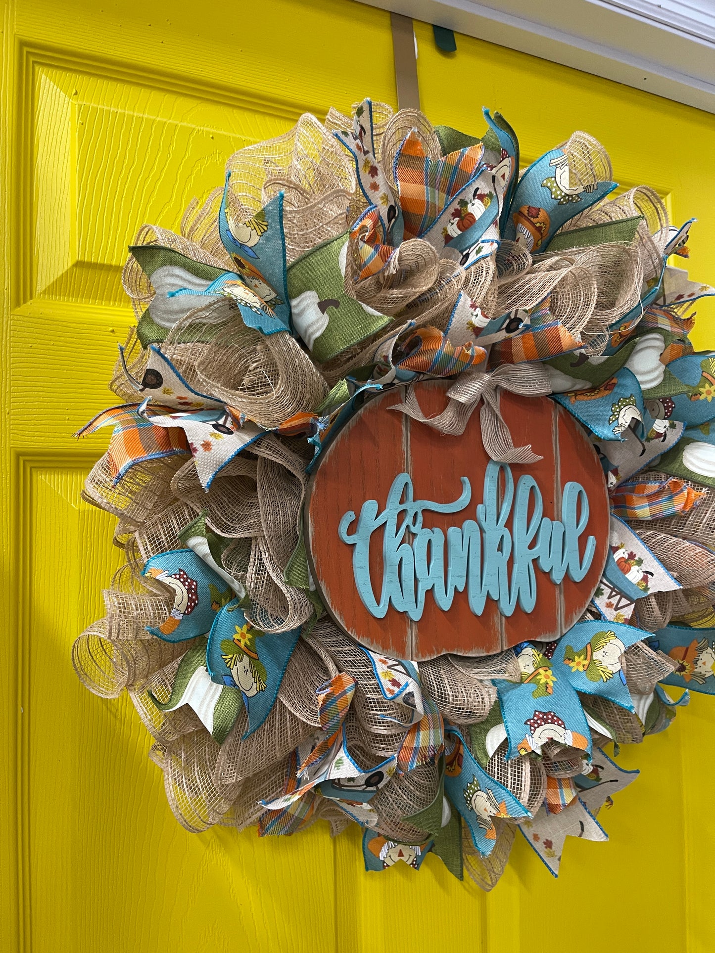 Thankful Fall Wreath – Pumpkin and Farmhouse Ribbon Front Door Décor | Handmade Autumn Thanksgiving Wreath with Burlap and Plaid Accents