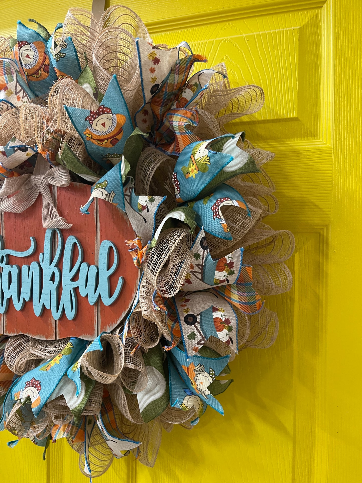 Thankful Fall Wreath – Pumpkin and Farmhouse Ribbon Front Door Décor | Handmade Autumn Thanksgiving Wreath with Burlap and Plaid Accents
