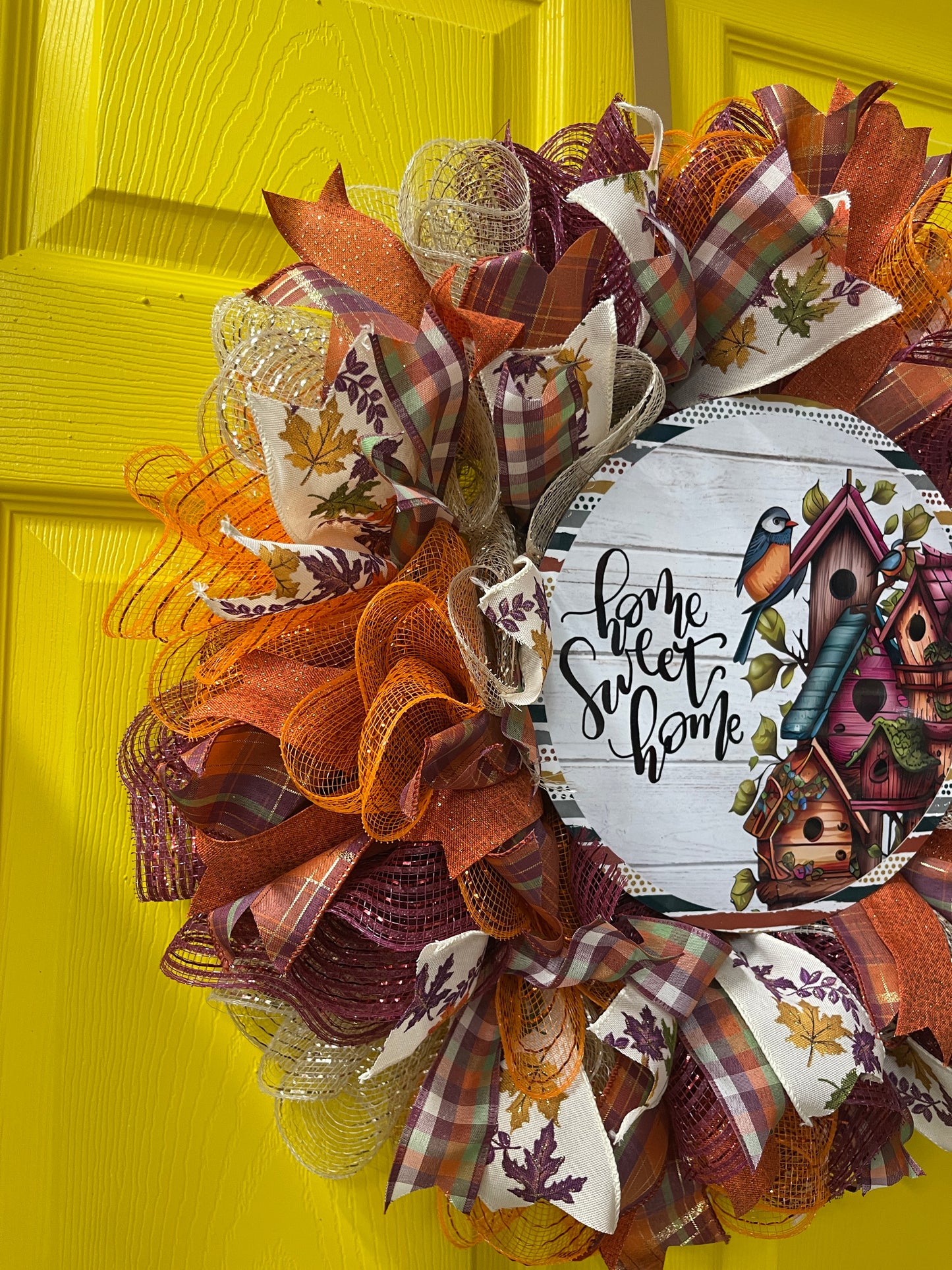 Home Sweet Home Fall Wreath – Rustic Birdhouse and Plaid Ribbon Front Door Décor | Handmade Autumn Wreath with Leaves and Farmhouse Charm