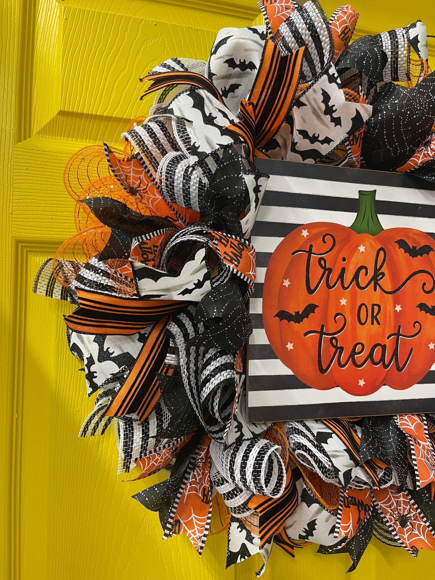 Trick or Treat Halloween Wreath – Pumpkin and Bat Front Door Décor | Handmade Black and Orange Mesh Ribbon Wreath for Spooky Season