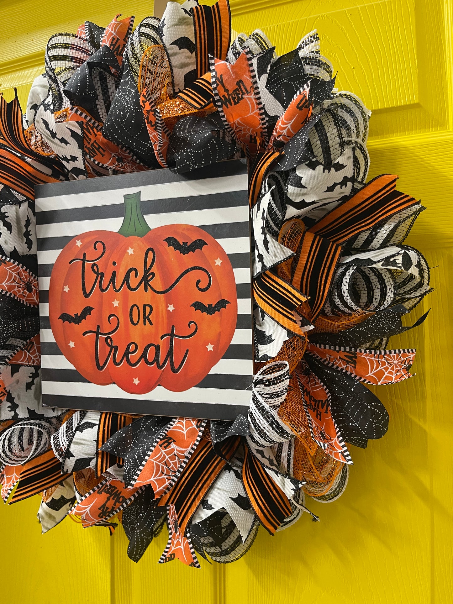 Trick or Treat Halloween Wreath – Pumpkin and Bat Front Door Décor | Handmade Black and Orange Mesh Ribbon Wreath for Spooky Season