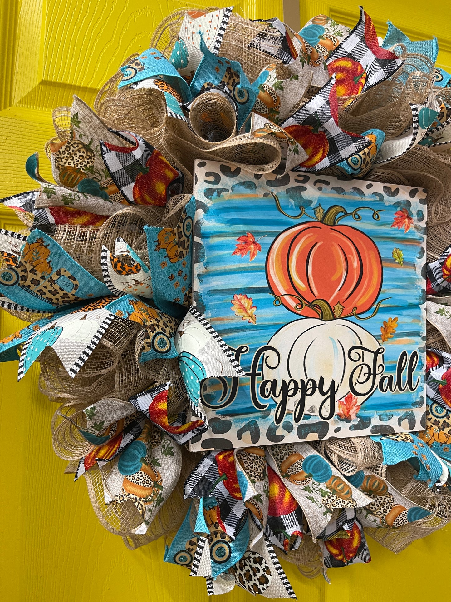 Happy Fall Wreath – Pumpkin and Leopard Print Ribbon Front Door Décor | Handmade Autumn Wreath with Burlap, Teal, and Plaid Accents