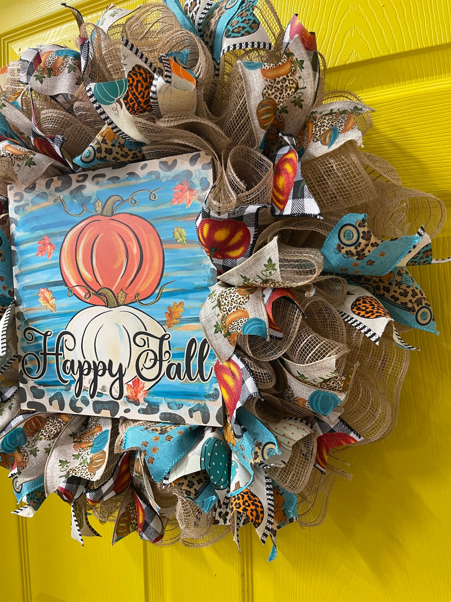 Happy Fall Wreath – Pumpkin and Leopard Print Ribbon Front Door Décor | Handmade Autumn Wreath with Burlap, Teal, and Plaid Accents