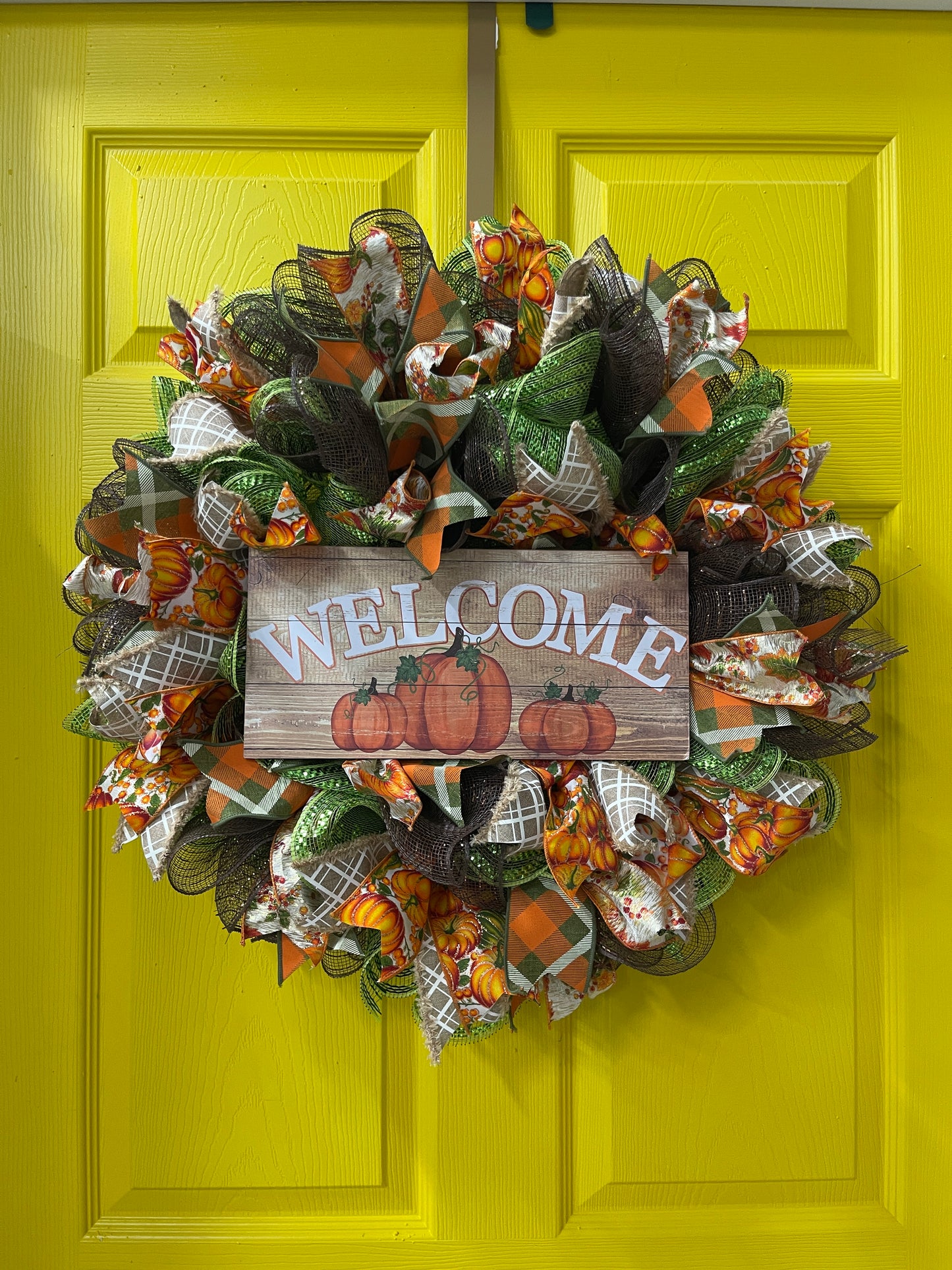 Welcome Fall Wreath – Pumpkin Front Door Décor with Plaid and Harvest Ribbon | Handmade Autumn Wreath for Thanksgiving and Seasonal Home Décor