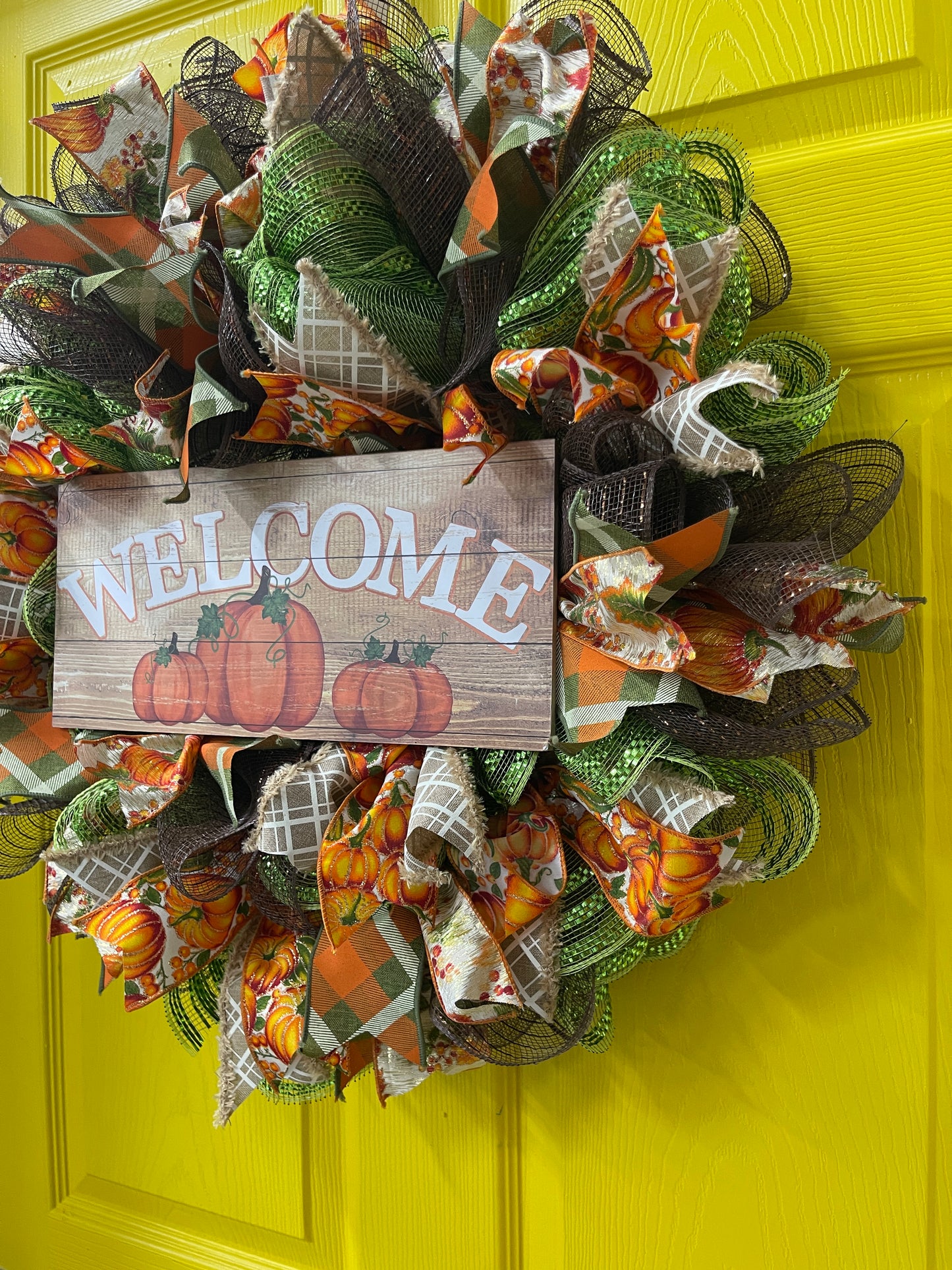 Welcome Fall Wreath – Pumpkin Front Door Décor with Plaid and Harvest Ribbon | Handmade Autumn Wreath for Thanksgiving and Seasonal Home Décor