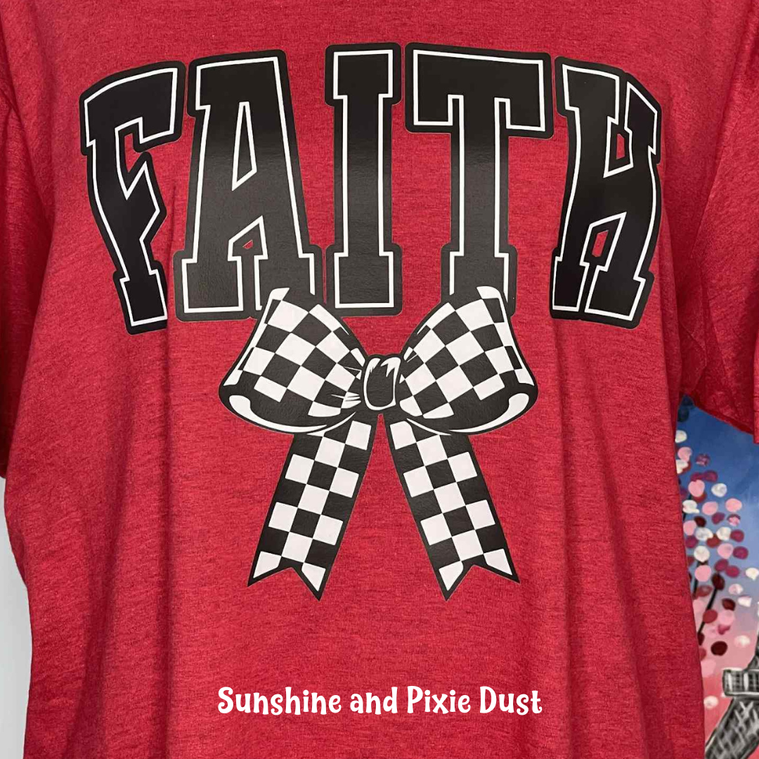 Faith Checkered Bow Antique Cherry Red T-Shirt, Soft Style, Unisex Fit