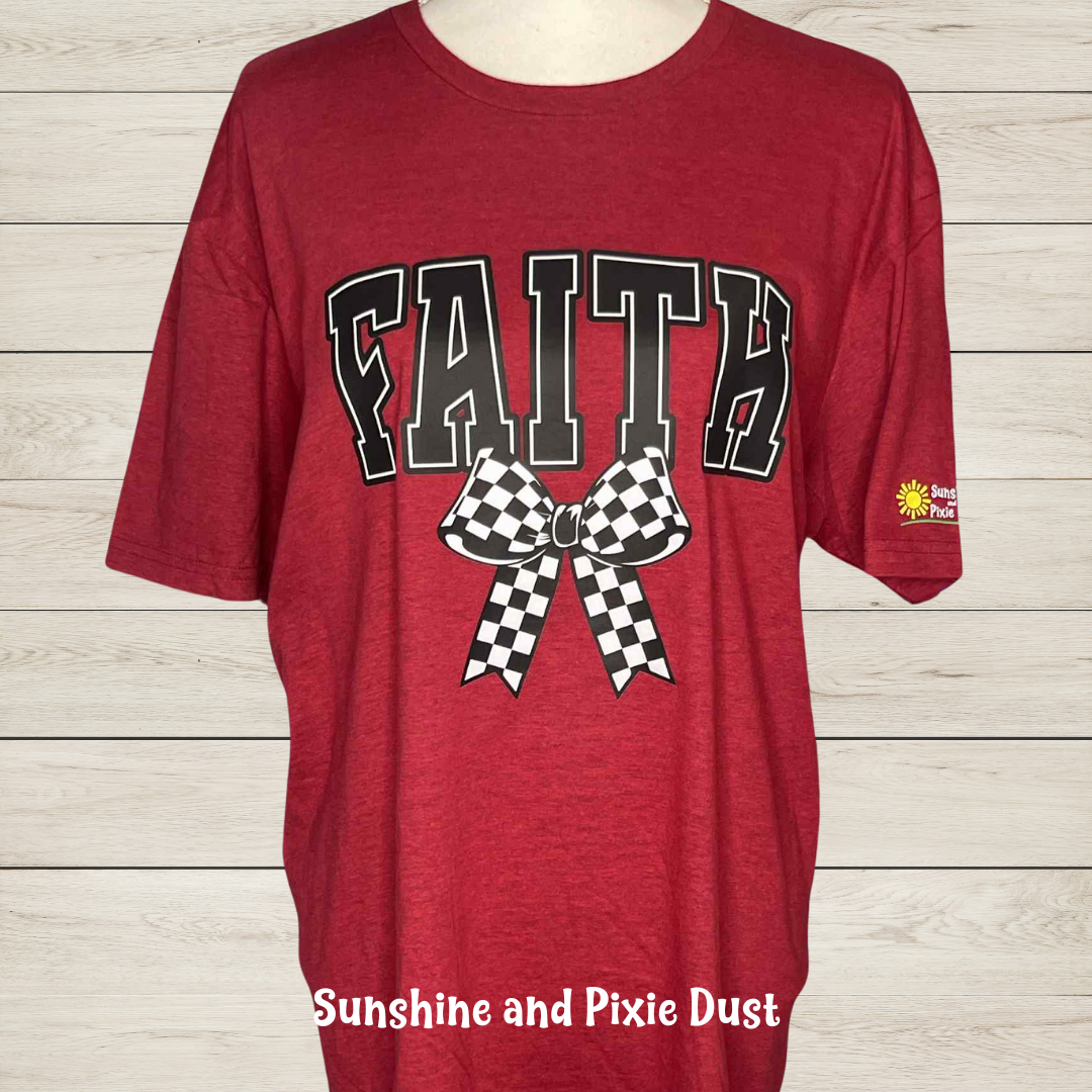 Faith Checkered Bow Antique Cherry Red T-Shirt, Soft Style, Unisex Fit