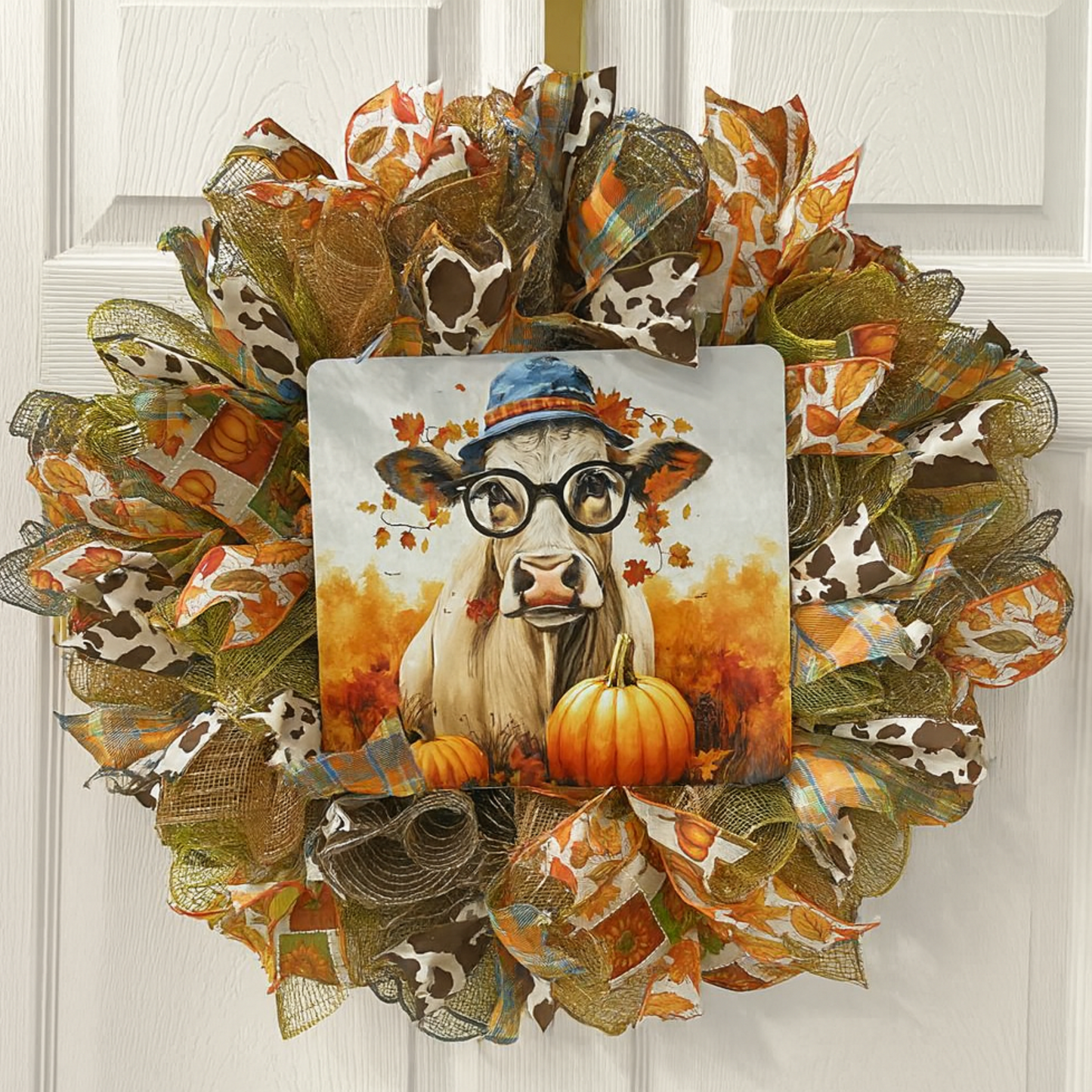 Fall Cow Wreath – Farmhouse Autumn Door Decor with Pumpkins & Plaid