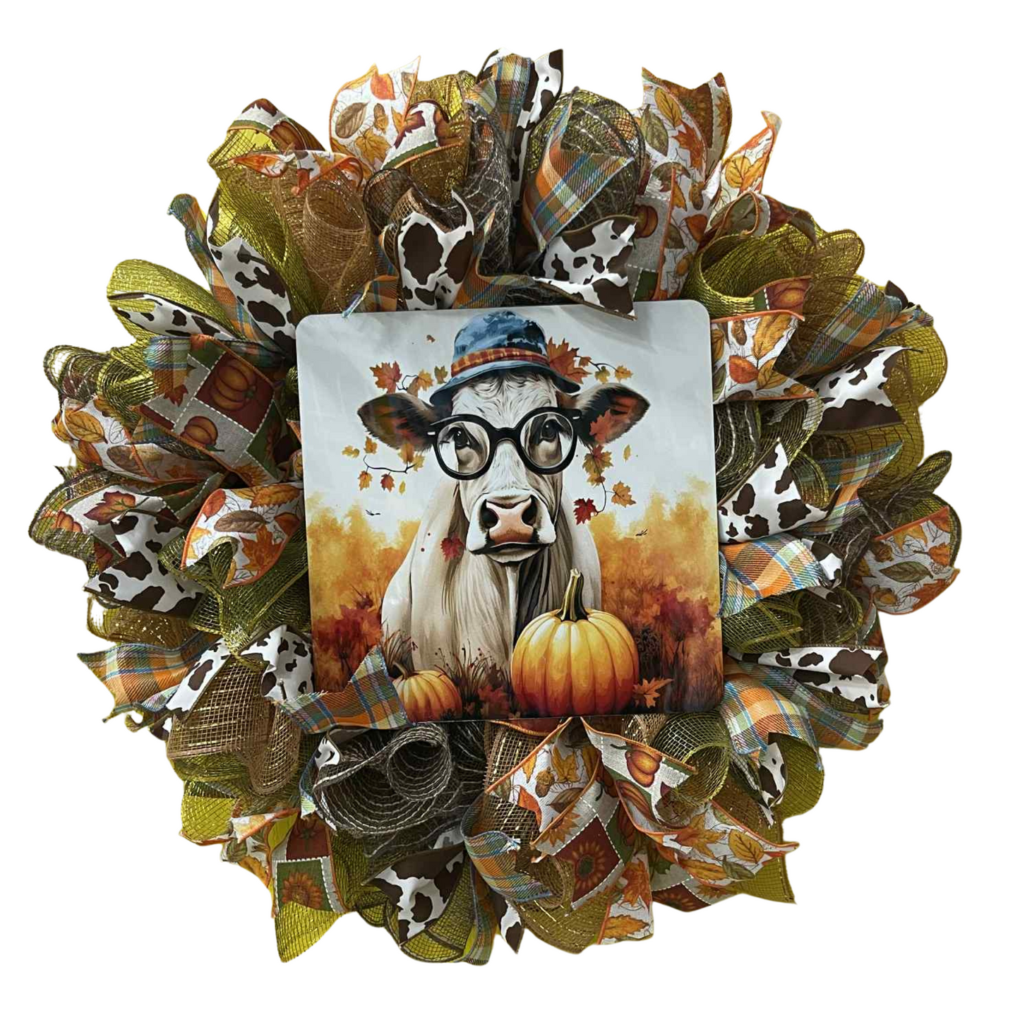 Fall Cow Wreath – Farmhouse Autumn Door Decor with Pumpkins & Plaid