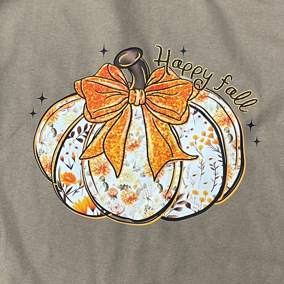 Floral Pumpkin Happy Fall T-Shirt, Autumn Pumpkin Shirt with Glitter Bow, Cute Fall Graphic Tee, Cozy Floral Autumn Shirt for Women