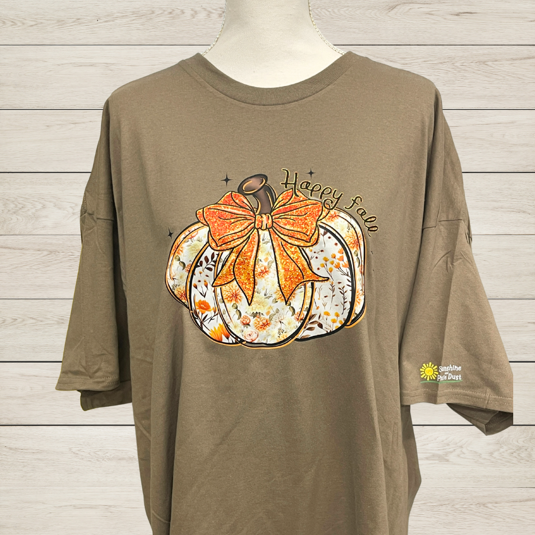 Floral Pumpkin Happy Fall T-Shirt, Autumn Pumpkin Shirt with Glitter Bow, Cute Fall Graphic Tee, Cozy Floral Autumn Shirt for Women