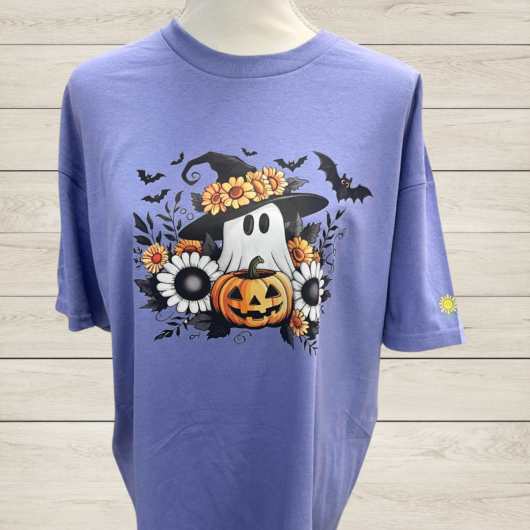 Ghost Witch Pumpkin T-Shirt - Fall Halloween Ghost Jack O'Lantern with Flowers & Bats, Cute Halloween Graphic Tee