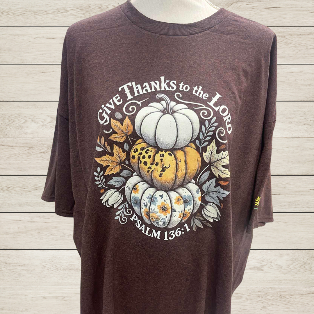 Give Thanks to the Lord T-Shirt โ Faith-Based Fall Shirt with Pumpkin Stack, Psalm 136:1 Scripture Tee, Thanksgiving Christian Shirt, Handmade Religious Gift