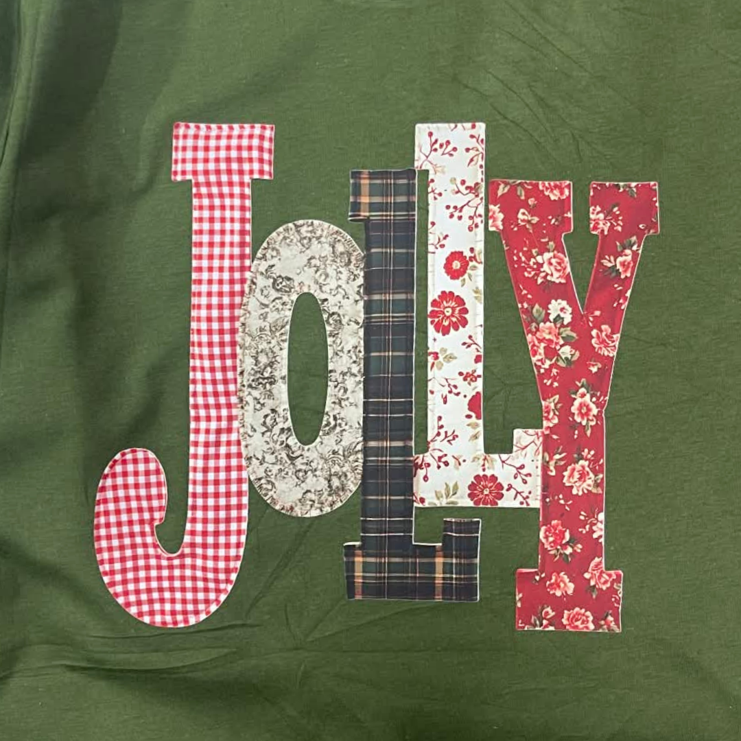 Vintage Patchwork Jolly Christmas T-Shirt • Retro Holiday Lettering Tee • Festive Christmas Graphic Shirt
