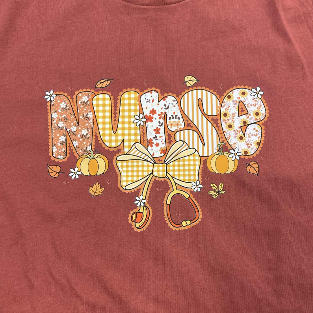 Fall Nurse T-Shirt | Autumn Nurse Shirt with Pumpkins and Gingham Bow | Cute Nursing Graphic Tee
