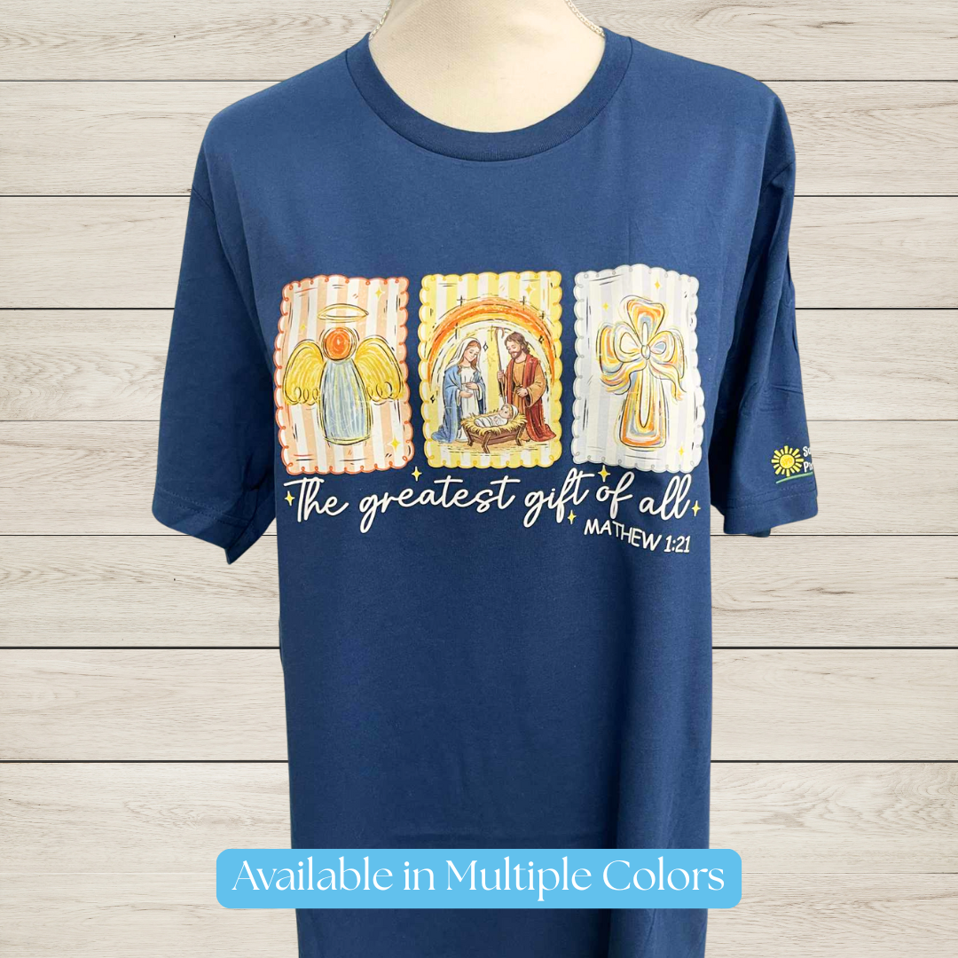 The Greatest Gift of All Christmas Shirt | Nativity Christian Christmas Tee | Matthew 1:21 Shirt | Faith Based Holiday Graphic Tee