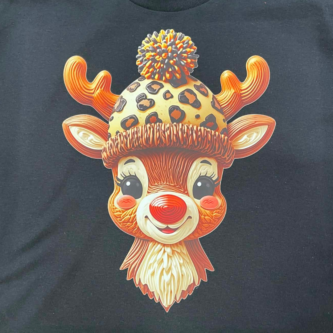 Cute Reindeer Christmas Long Sleeve Shirt • Leopard Hat Reindeer Tee • Holiday Graphic Top • Adorable Christmas Reindeer Shirt