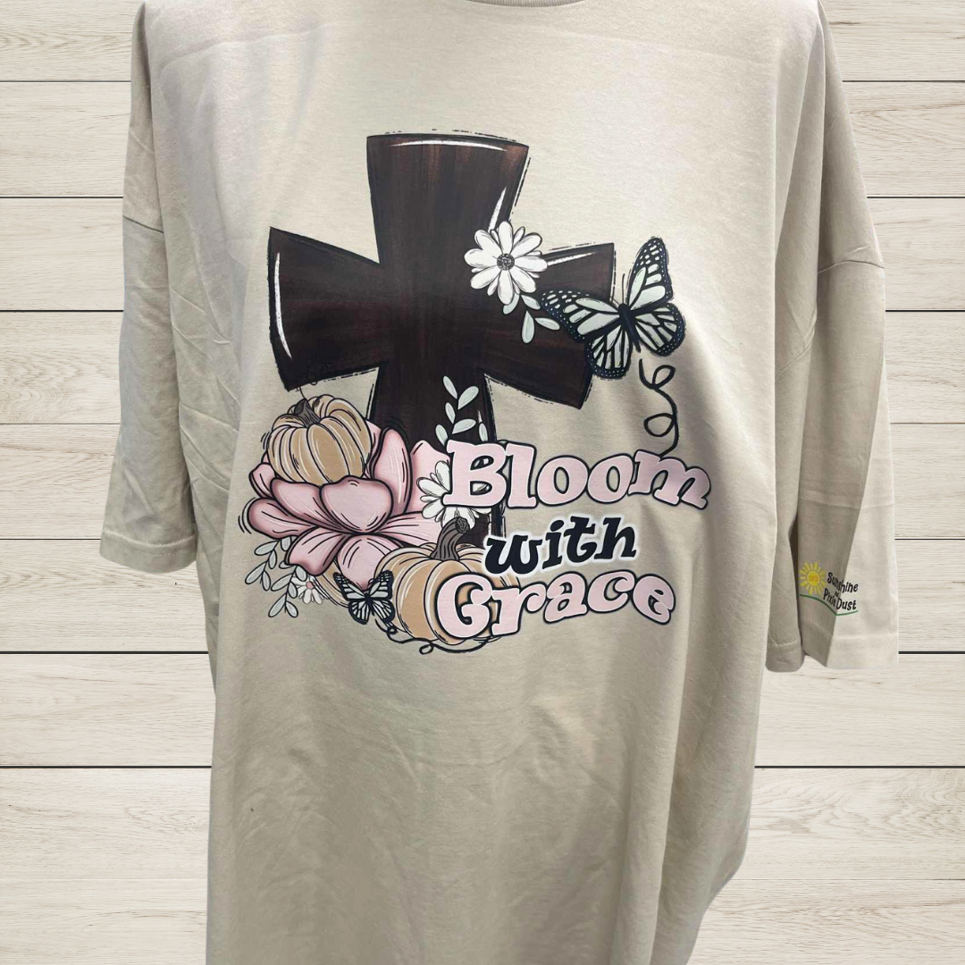 Bloom with Grace T-Shirt – Inspirational Christian Shirt with Cross and Flowers, Faith and Floral Graphic Tee, Handmade Encouragement Gift for Women