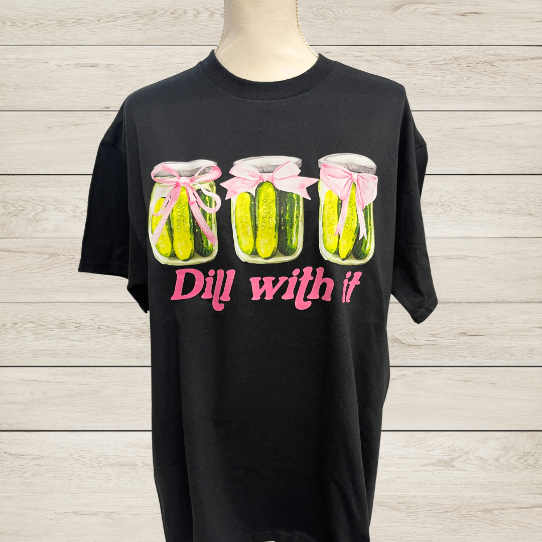 Dill With It Pickle Shirt – Funny Pun Graphic Tee – Cute Pickle Lover Gift – Humor Foodie T-Shirt – Dill Pickles Jar Shirt with Pink Bows