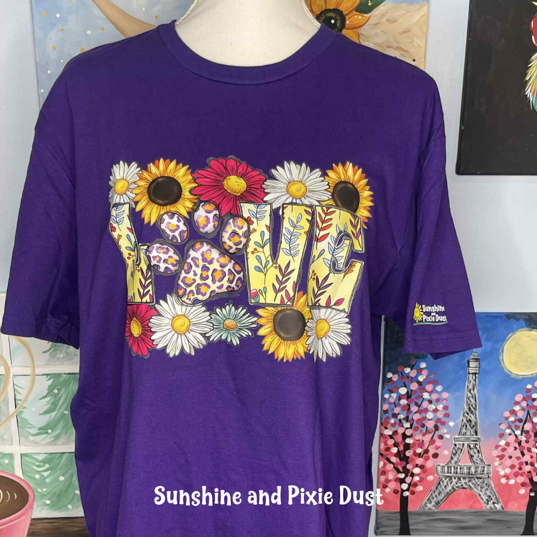 LOVE with Paw and Flowers T-Shirt, Soft Style, Unisex Fit