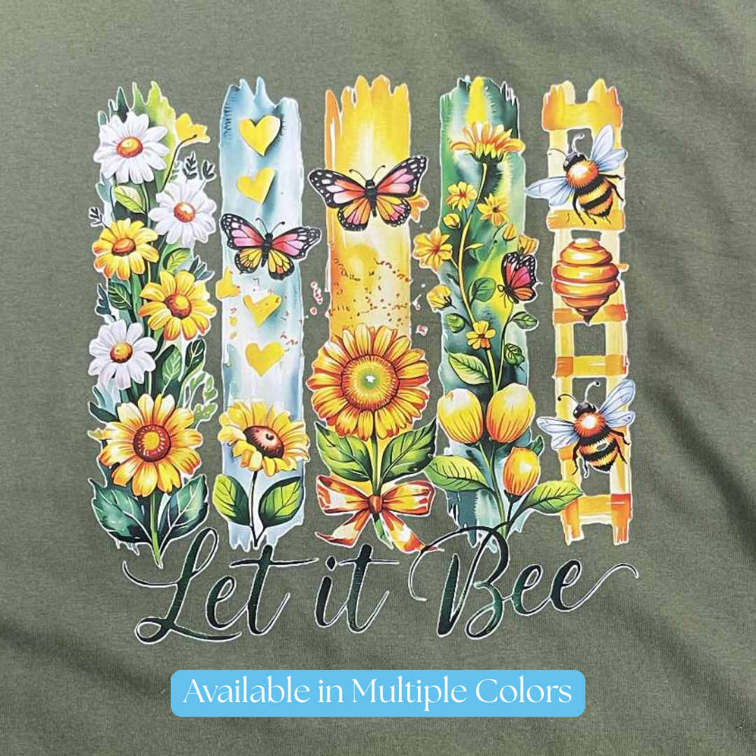 Let It Bee T-Shirt – Floral Sunflower Bee Graphic Tee with Butterflies & Beehive, Nature Lover Garden Shirt, Positive Saying Gift