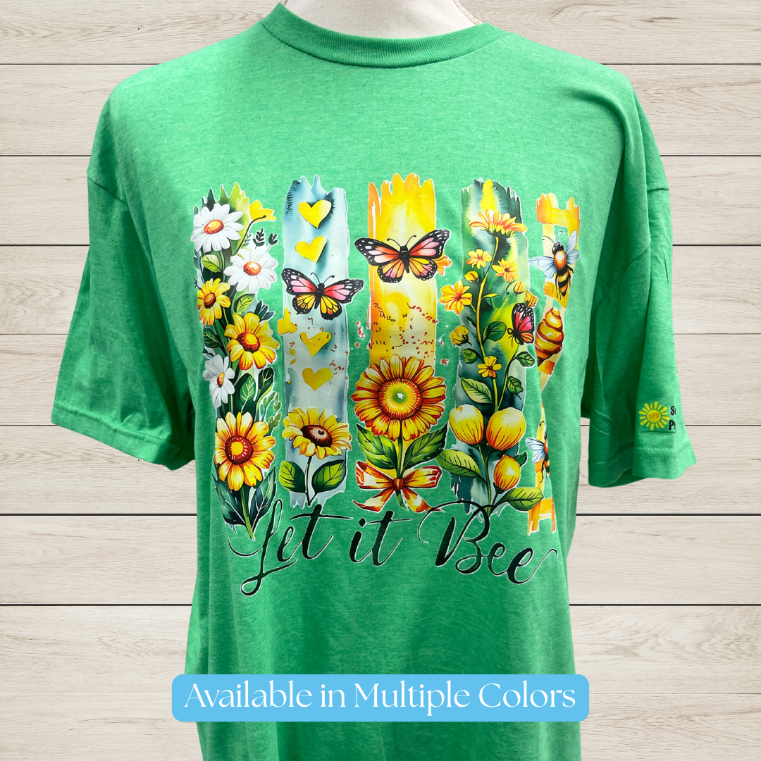 Let It Bee T-Shirt – Floral Sunflower Bee Graphic Tee with Butterflies & Beehive, Nature Lover Garden Shirt, Positive Saying Gift