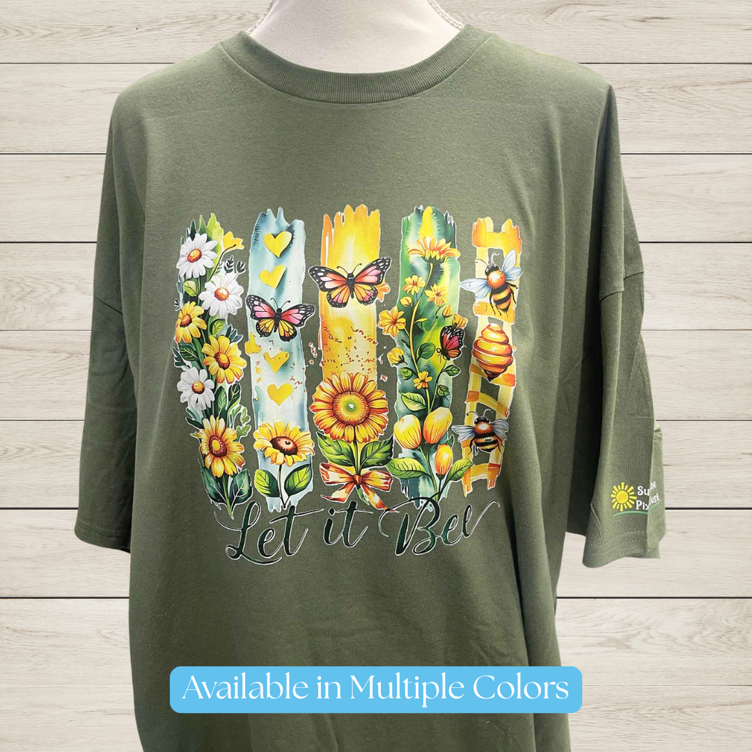 Let It Bee T-Shirt – Floral Sunflower Bee Graphic Tee with Butterflies & Beehive, Nature Lover Garden Shirt, Positive Saying Gift
