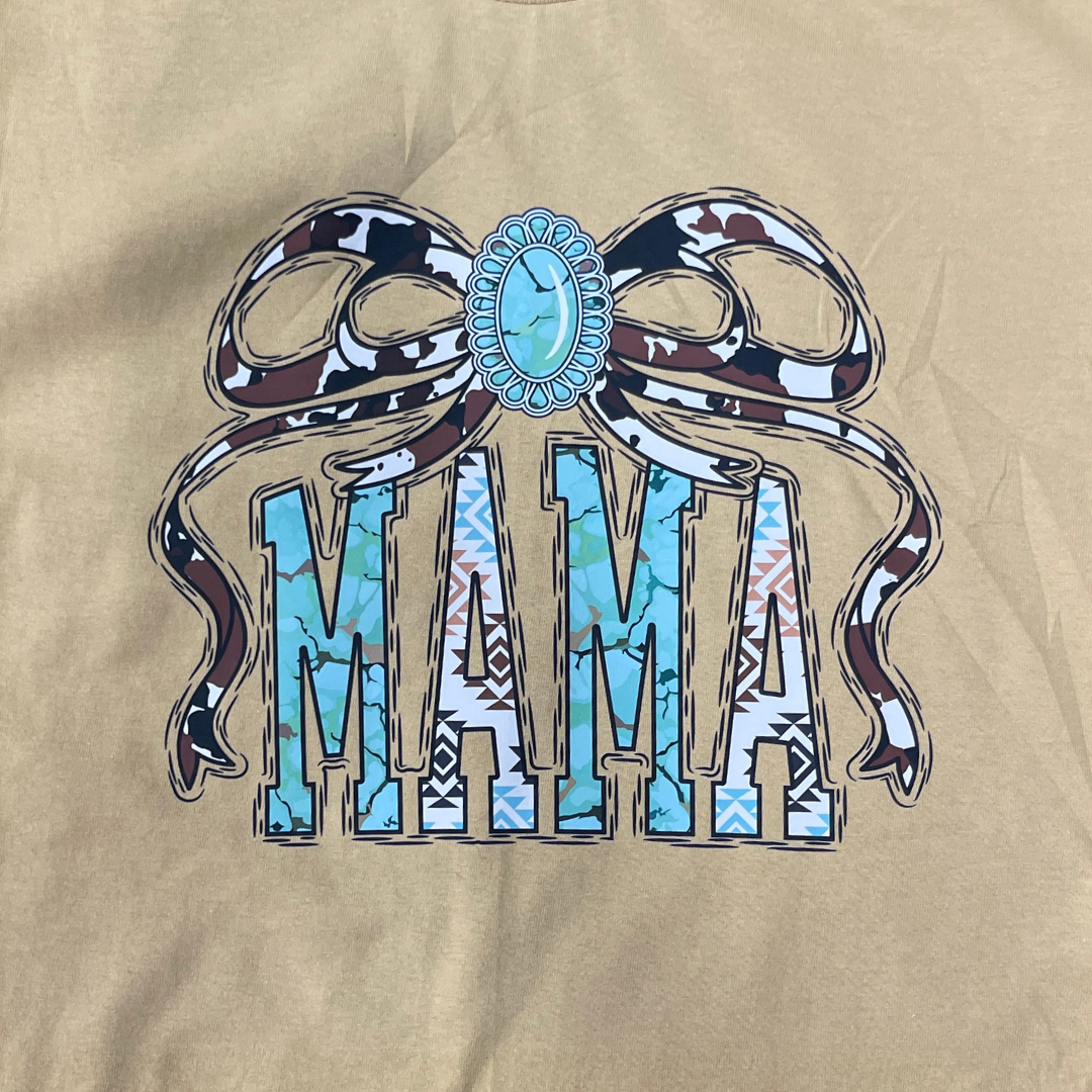 Mama Western Graphic Tee for Moms – Cowprint Bow Turquoise Concho Shirt – Cute Aztec Print Mama T-Shirt – Country Western Mom Gift