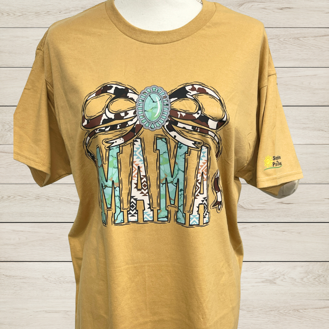Mama Western Graphic Tee for Moms – Cowprint Bow Turquoise Concho Shirt – Cute Aztec Print Mama T-Shirt – Country Western Mom Gift
