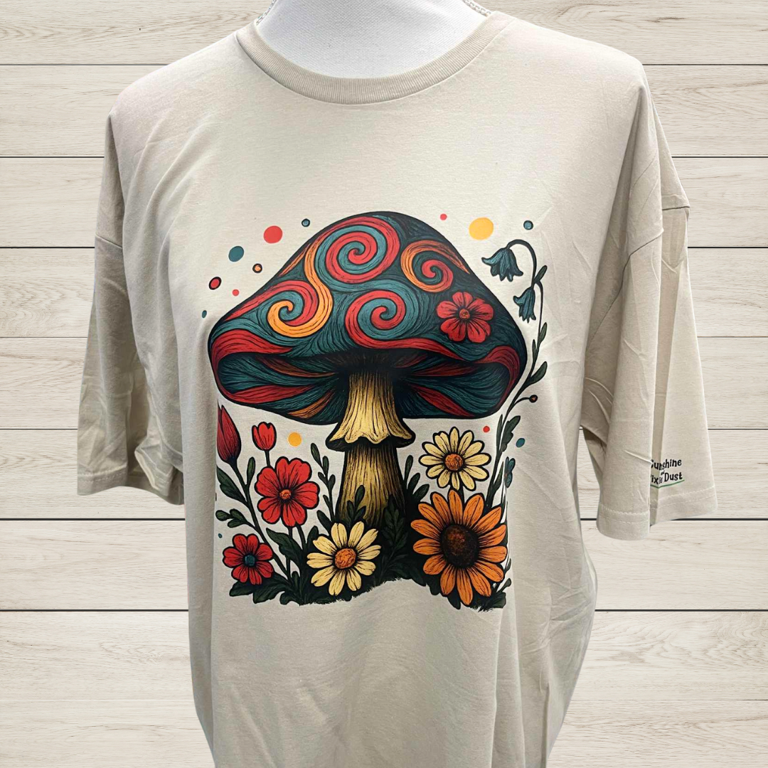 Mushroom T-Shirt – Whimsical Wildflower Graphic Tee, Retro Boho Nature Shirt, Groovy Psychedelic Mushroom Top