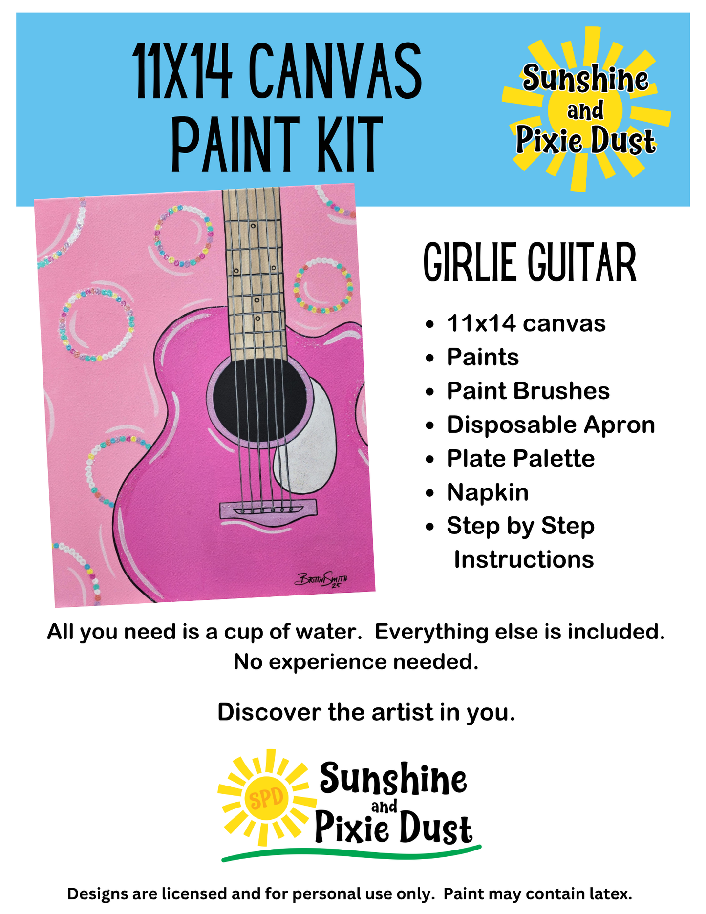 Girlie Guitar Paint Kit – 11x14 Traced Canvas | Full or Basic DIY Art Kit for All Ages