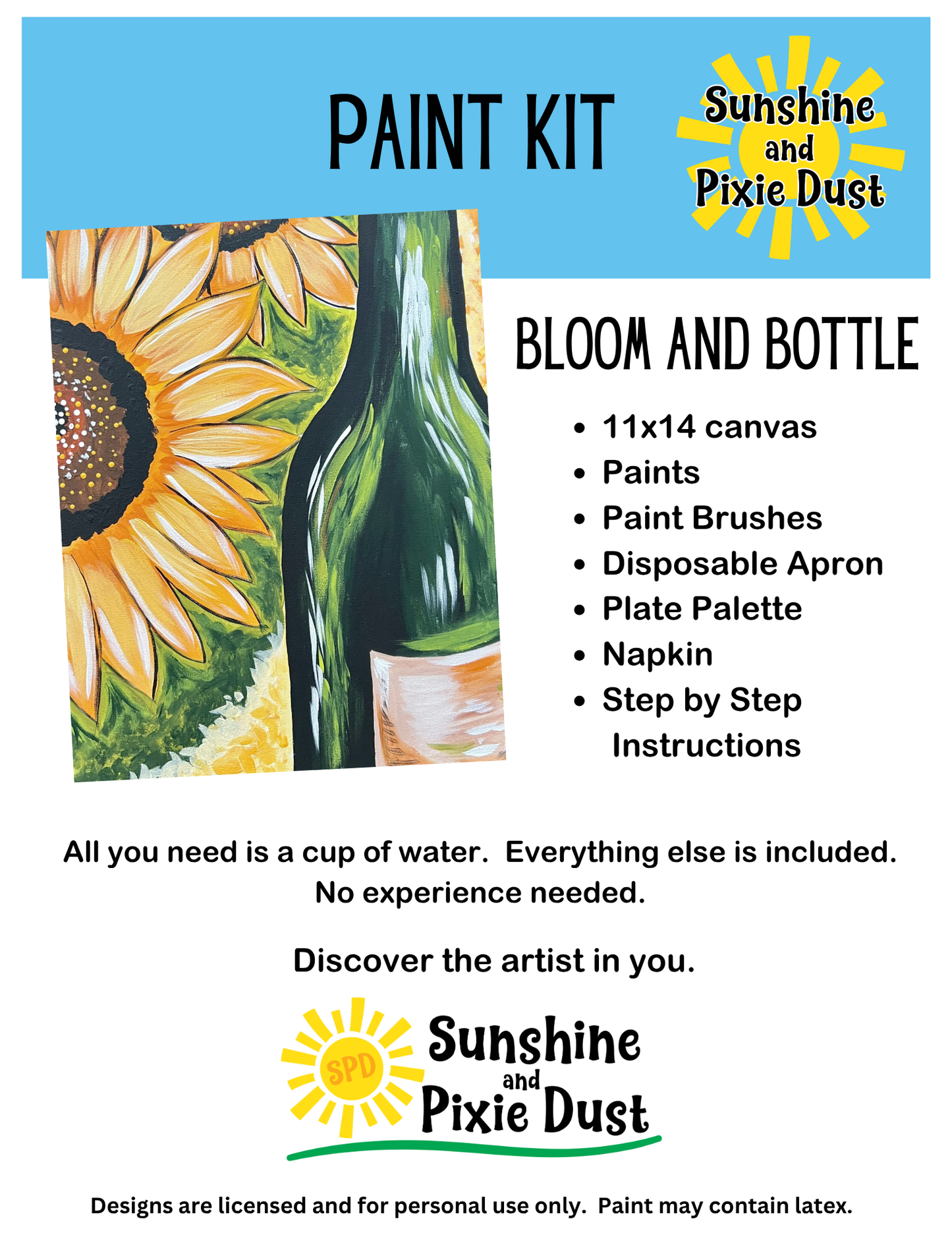 Bloom and Bottle Paint Kit – DIY Art Set All Ages, Traced Canvas, Brushes & Instructions, Quality Craft Project Gift