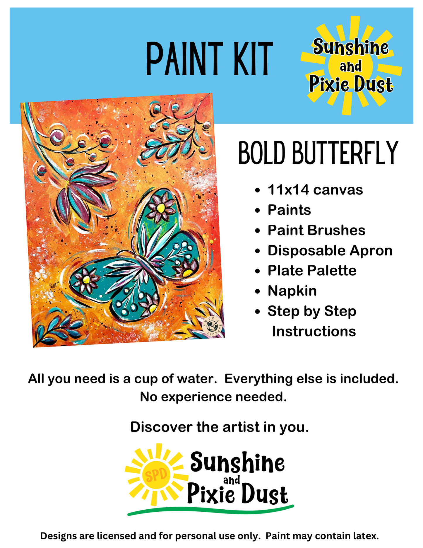 Bold Butterfly Paint Kit – DIY Art Set All Ages, Traced Canvas, Brushes & Instructions, Quality Craft Project Gift