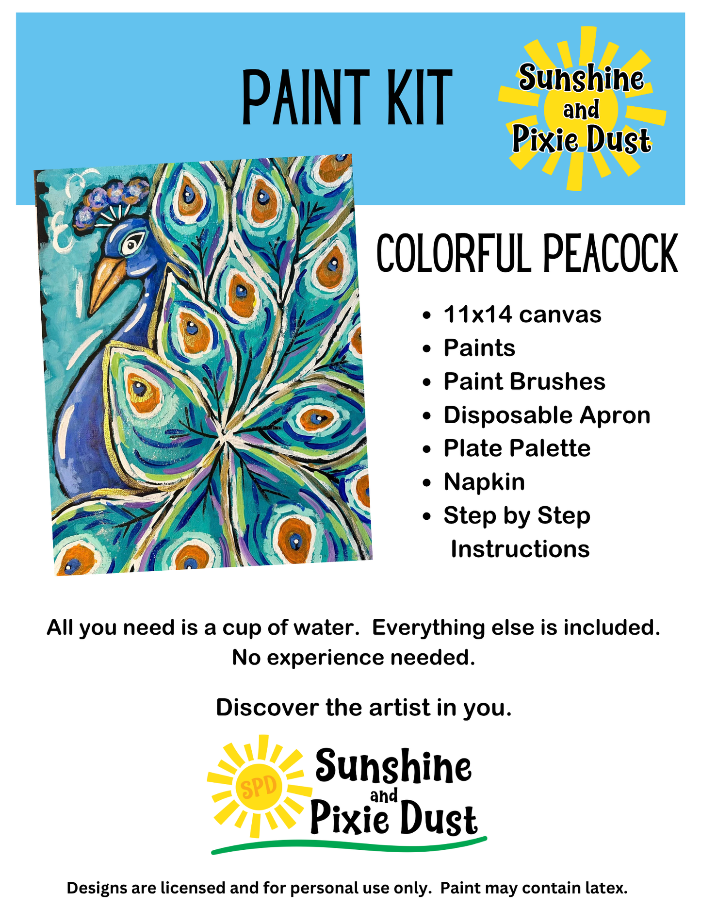 Colorful Peacock Paint Kit – Pre-Drawn Canvas | DIY Paint Kit for All Ages | Easy At-Home Activity | Art Gift