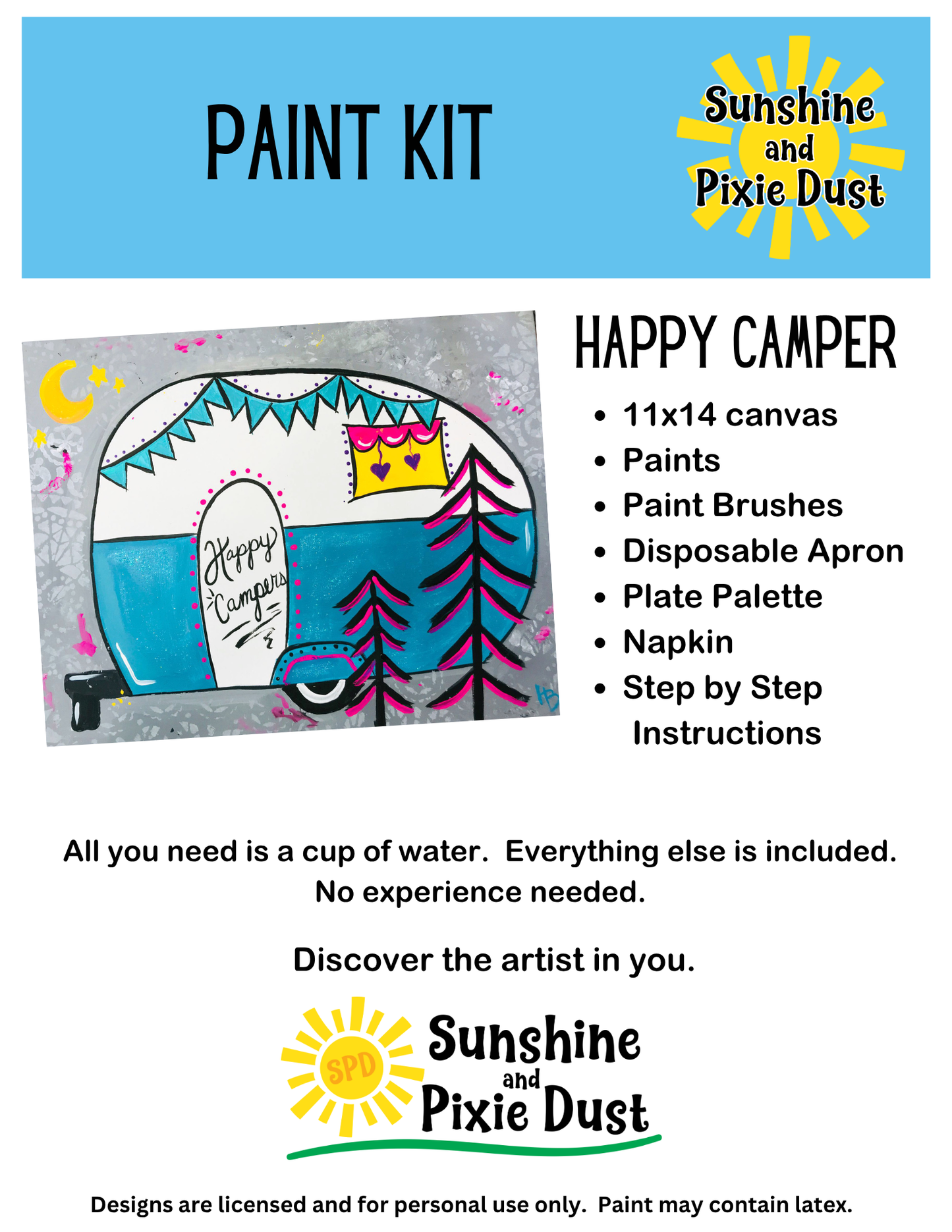 Happy Camper Paint Kit – Pre-Drawn Canvas | DIY Paint Kit for All Ages | Easy At-Home Activity | Art Gift