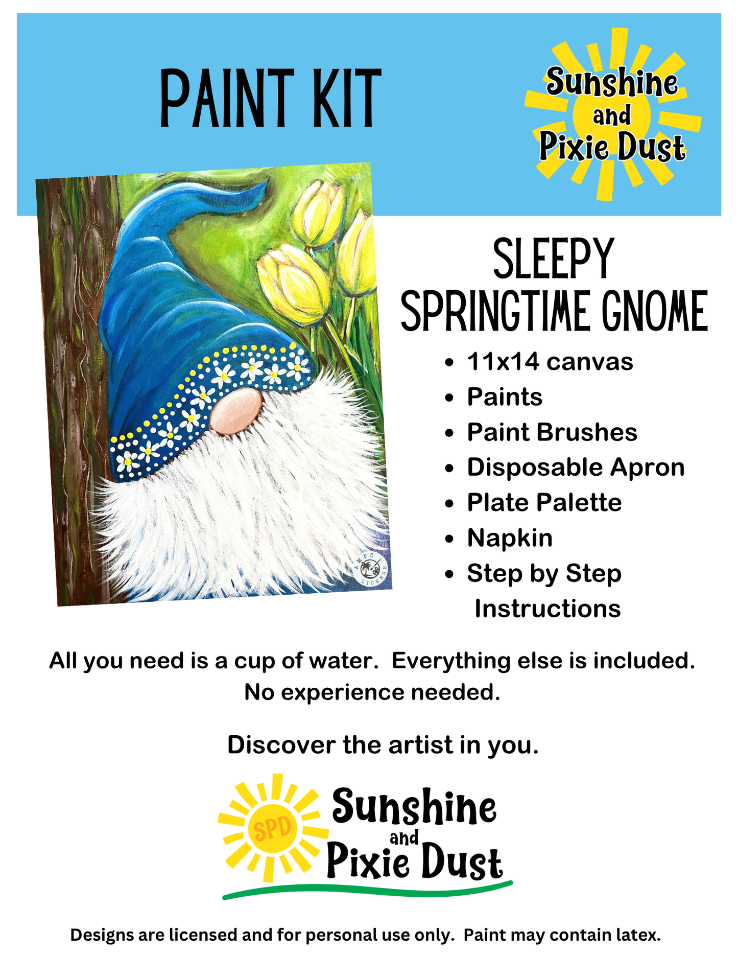Sleepy Springtime Gnome Paint Kit – Pre-Drawn Canvas | DIY Paint Kit for All Ages | Easy At-Home Activity | Art Gift