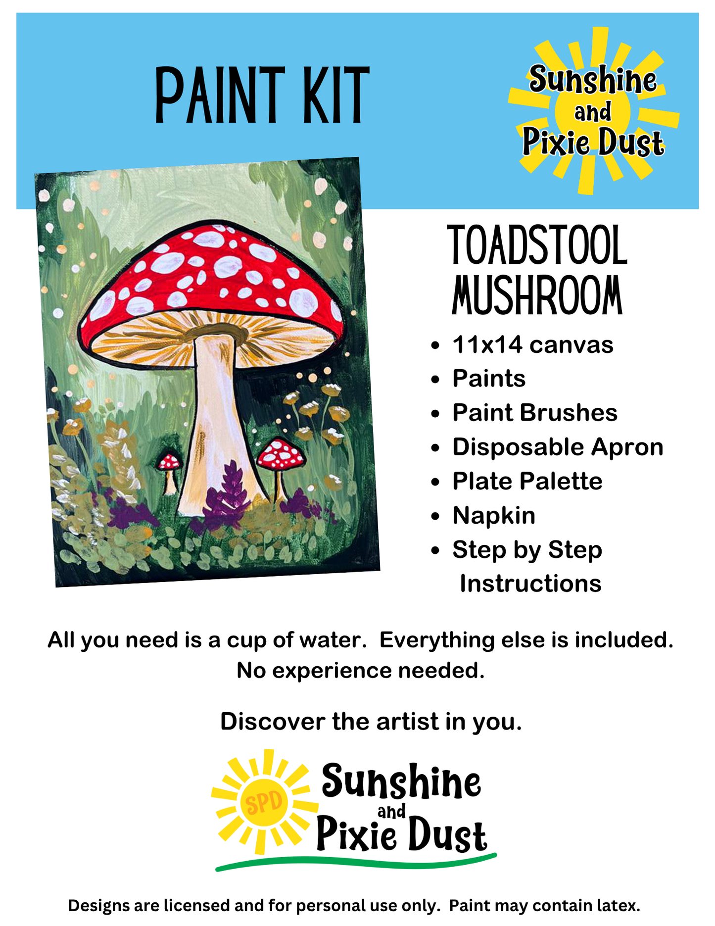 Toadstool Mushroom Paint Kit – DIY Art Set All Ages, Traced Canvas, Brushes & Instructions, Quality Craft Project Gift