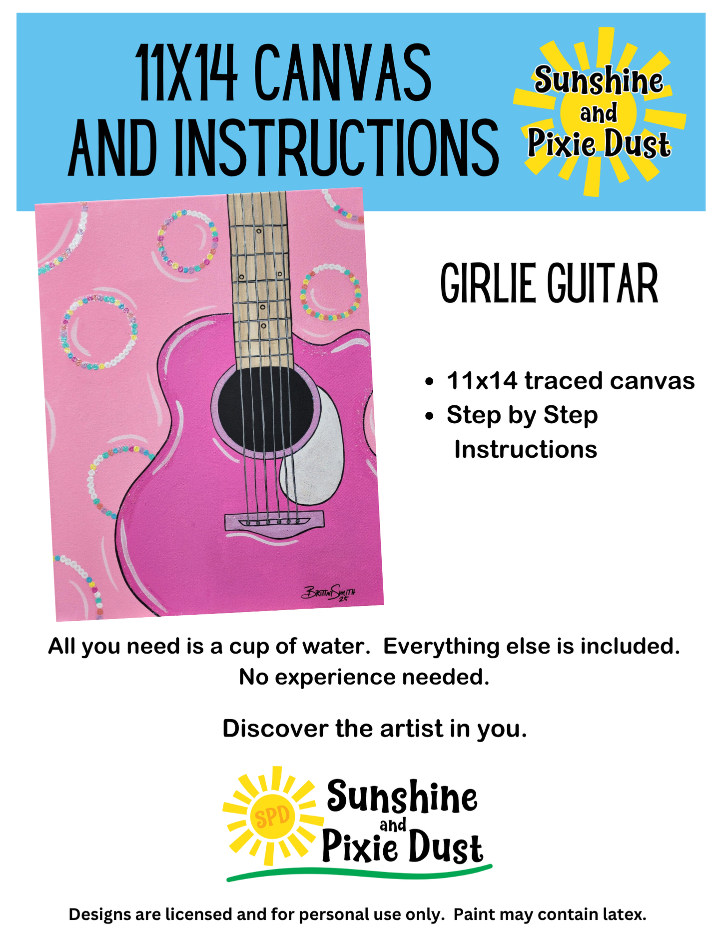 Girlie Guitar Paint Kit – 11x14 Traced Canvas | Full or Basic DIY Art Kit for All Ages
