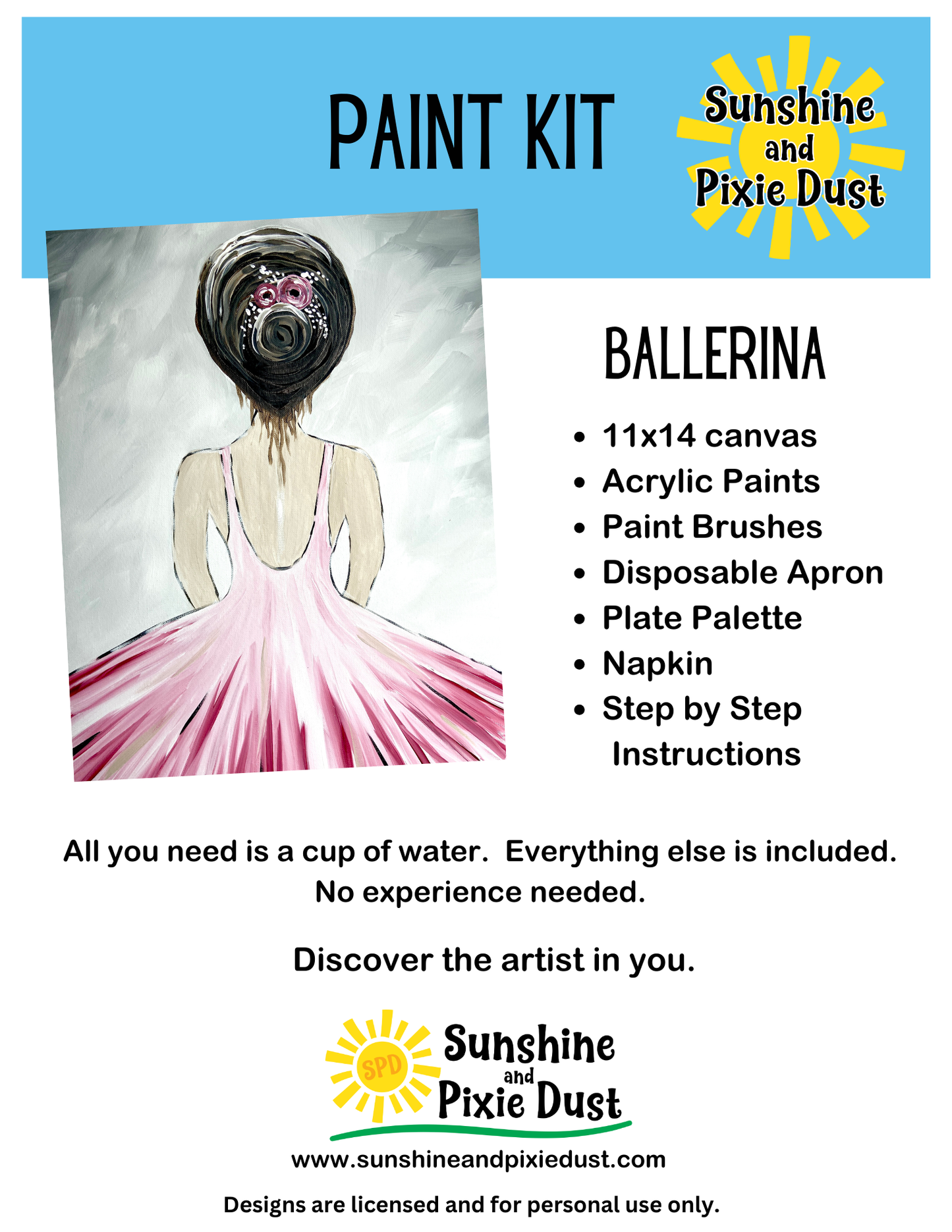 Ballerina Paint Kit – Pre-Drawn Canvas | DIY Paint Kit for All Ages | Easy At-Home Activity | Art Gift