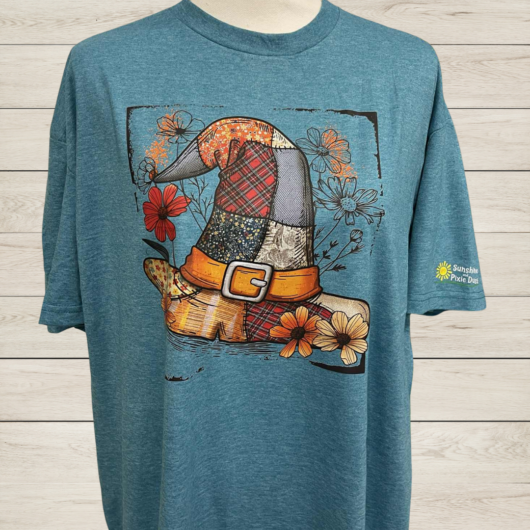 Patchwork Witch Hat Floral Fall Shirt | Whimsical Halloween Tee | Country Witch Hat Graphic Tee | Autumn Floral Patchwork T-Shirt