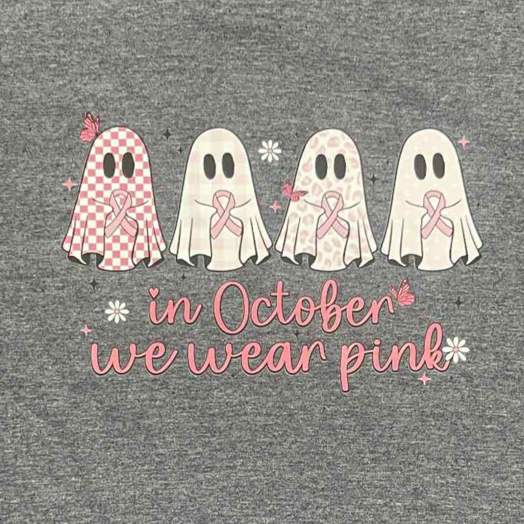 Pink Ghosts Breast Cancer Awareness Shirt – In October We Wear Pink Ghost Tee, Halloween Support Ribbon Shirt
