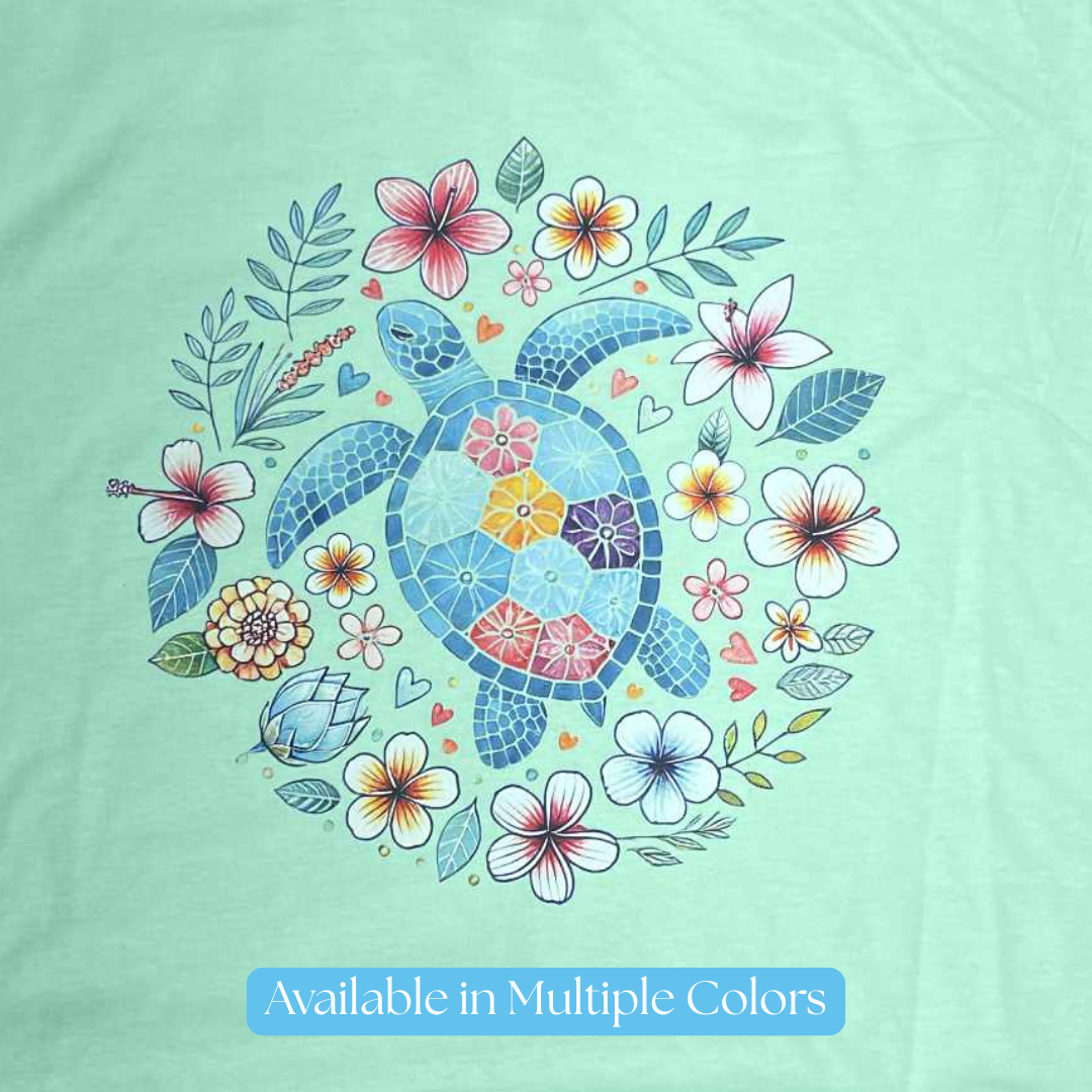 Sea Turtle T-Shirt – Floral Turtle Graphic Tee, Ocean Beach Shirt with Hibiscus & Tropical Flowers, Nature Lover Coastal Gift