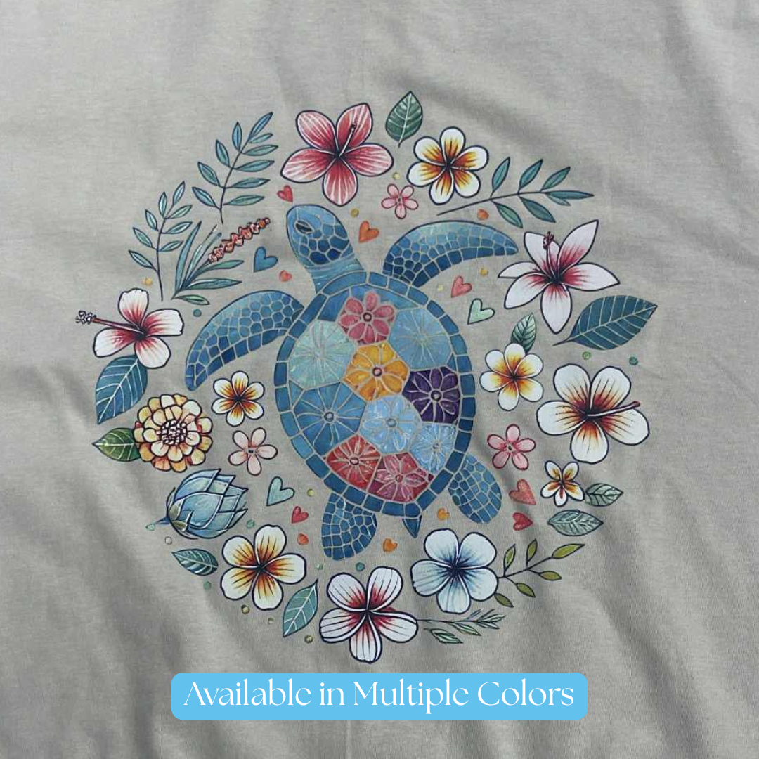Sea Turtle T-Shirt – Floral Turtle Graphic Tee, Ocean Beach Shirt with Hibiscus & Tropical Flowers, Nature Lover Coastal Gift