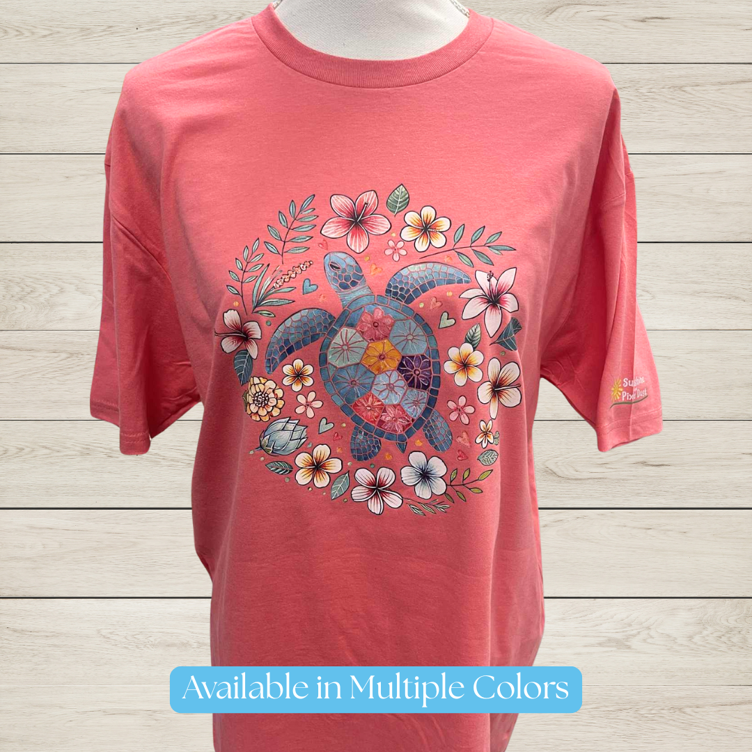 Sea Turtle T-Shirt – Floral Turtle Graphic Tee, Ocean Beach Shirt with Hibiscus & Tropical Flowers, Nature Lover Coastal Gift